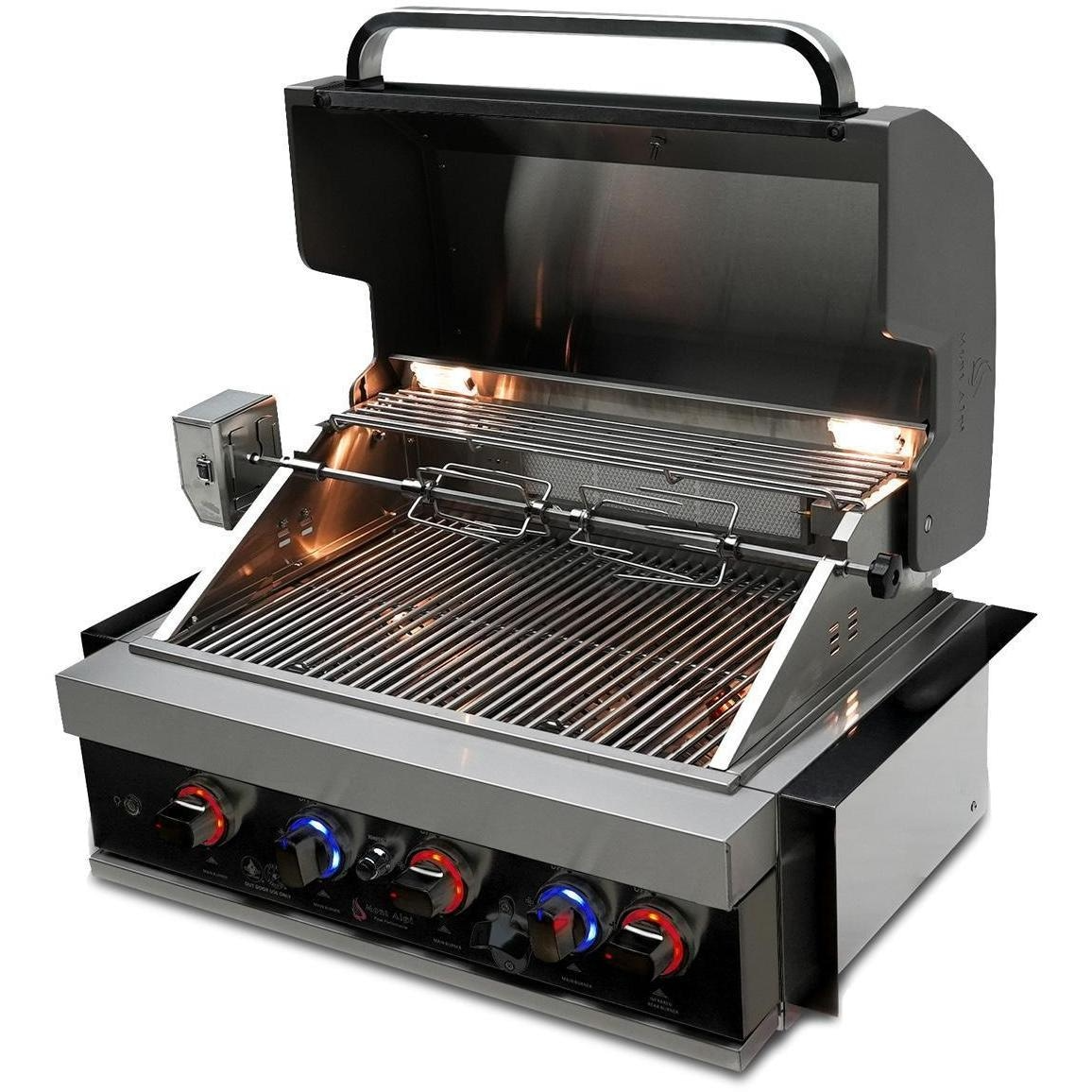Mont Alpi 4-Burner Black Stainless Steel Art-Wood Propane Gas Island Grill W/ Refrigerator, Infrared Rear Burner & Rotisserie Kit - MA400-AWBSS