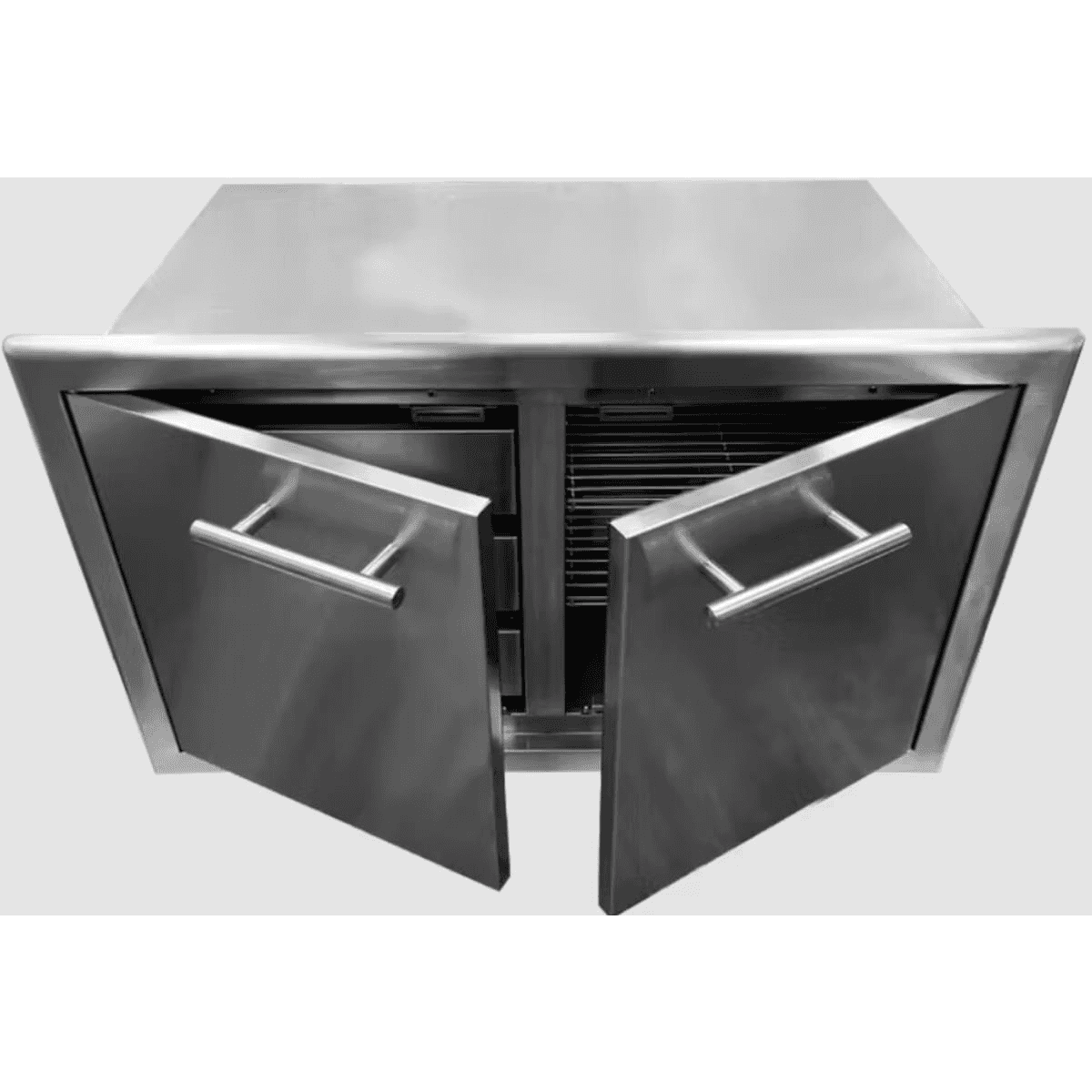 Open view of XO 36" Sealed Pantry showing dual stainless steel gasketed doors and interior shelving for secure kitchen storage.