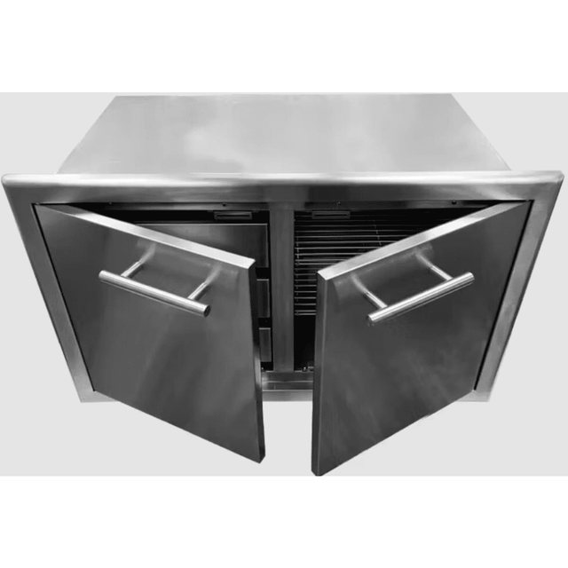 Open view of XO 36" Sealed Pantry showing dual stainless steel gasketed doors and interior shelving for secure kitchen storage.