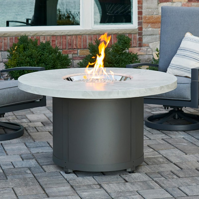 The Outdoor GreatRoom Company Beacon 48 Inch Round Powder Coated Steel Propane Fire Pit Table in White Onyx