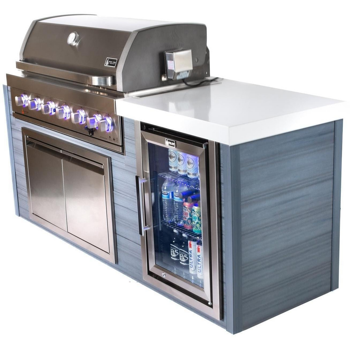 Mont Alpi 6-Burner Gas Grill Stainless Steel Art-Wood Island W/ Refrigerator, Infrared Rear Burner & Rotisserie Kit - MA805-AW