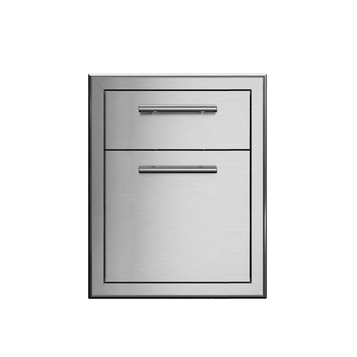 XO 19 Inch Pro-Grade Luxury Double Drawer in stainless steel with sleek handles, ideal for outdoor grill storage and kitchen organization.