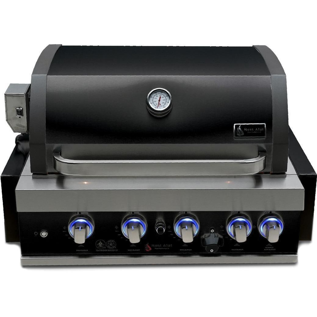 Mont Alpi 4-Burner Black Stainless Steel Art-Wood Propane Gas Island Grill W/ Refrigerator, Infrared Rear Burner & Rotisserie Kit - MA400-AWBSS