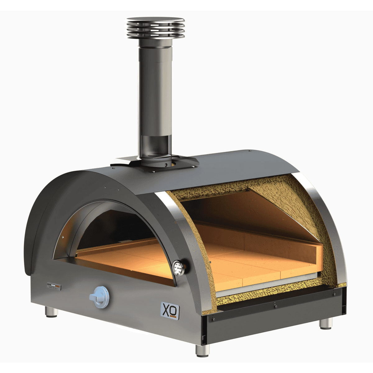 XO Tabletop Hybrid Gas & Wood Oven with open front and firebrick interior, ideal for high-heat pizza baking in home kitchens or patios.