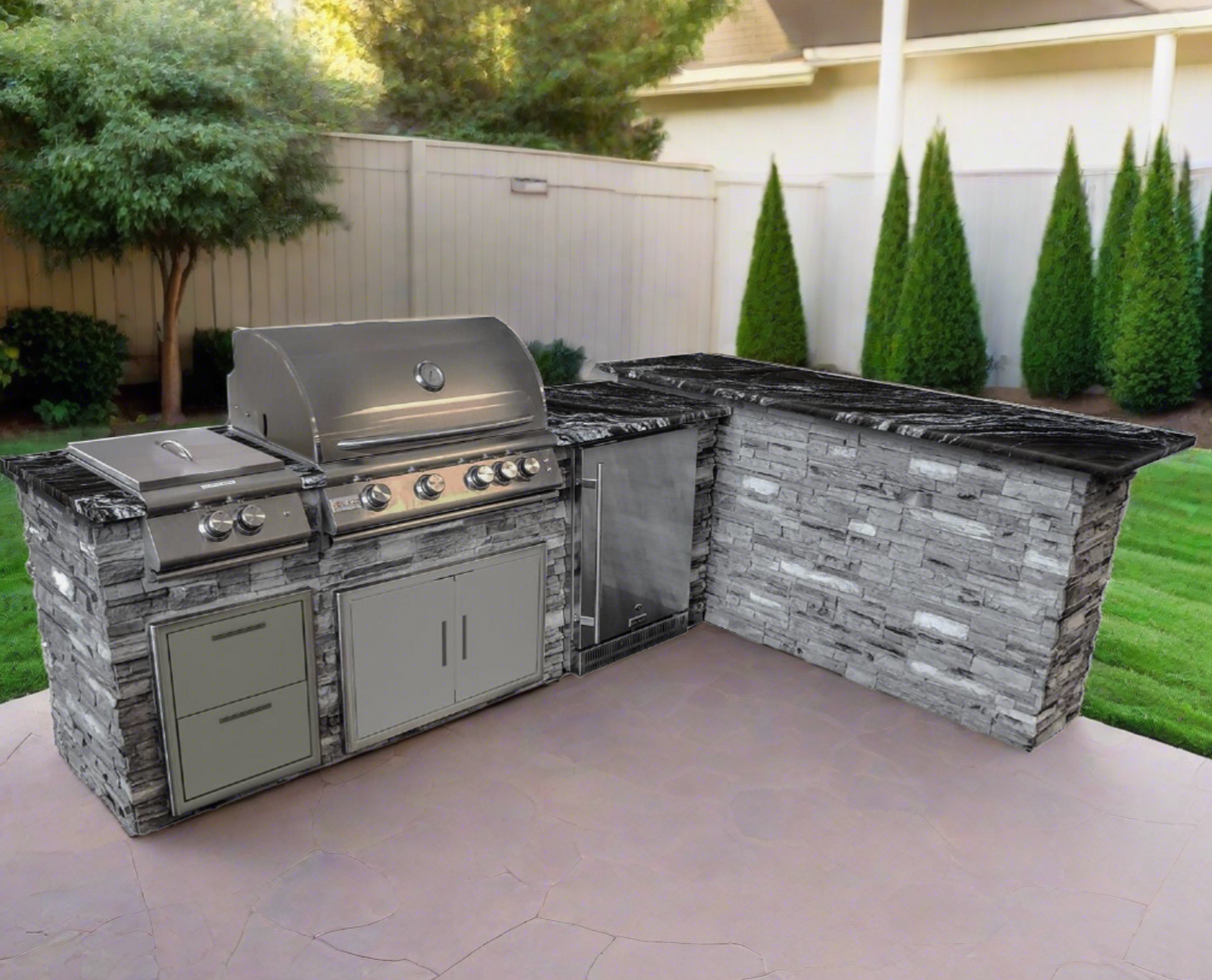TRU Innovative L Shaped Outdoor Kitchen Bar & Blaze Grill Island Package 8 Foot Grill Island & 7 Foot Bar