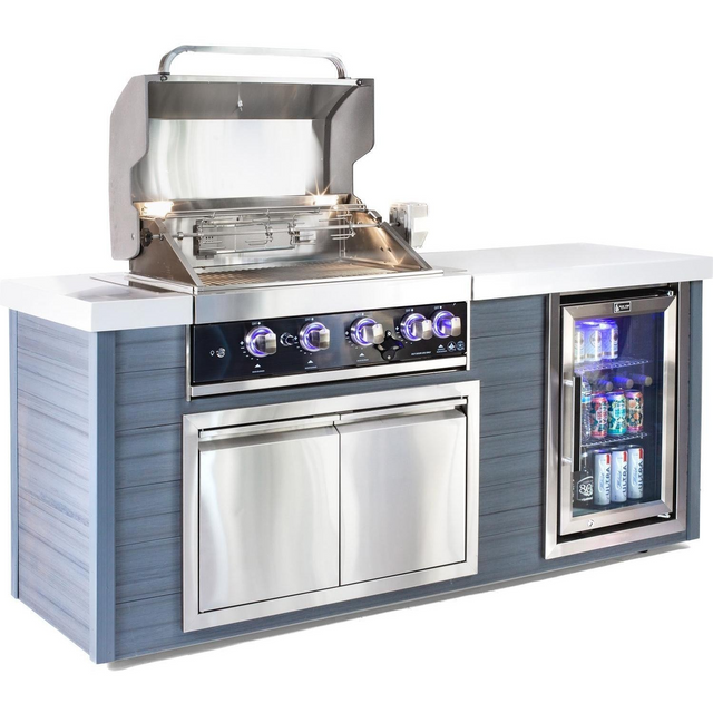 Mont Alpi 4-Burner Black Stainless Steel Art-Wood Propane Gas Island Grill W/ Refrigerator, Infrared Rear Burner & Rotisserie Kit - MA400-AWBSS