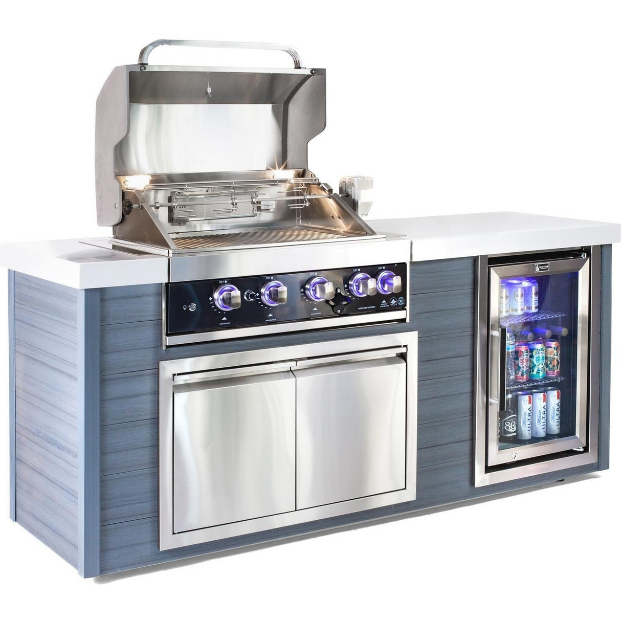 Mont Alpi 4-Burner Black Stainless Steel Art-Wood Propane Gas Island Grill W/ Refrigerator, Infrared Rear Burner & Rotisserie Kit - MA400-AWBSS