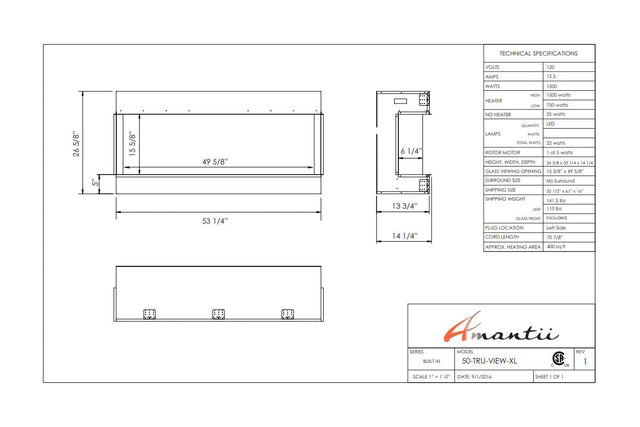 Amantii Tru-View XL Deep 50 specification chart