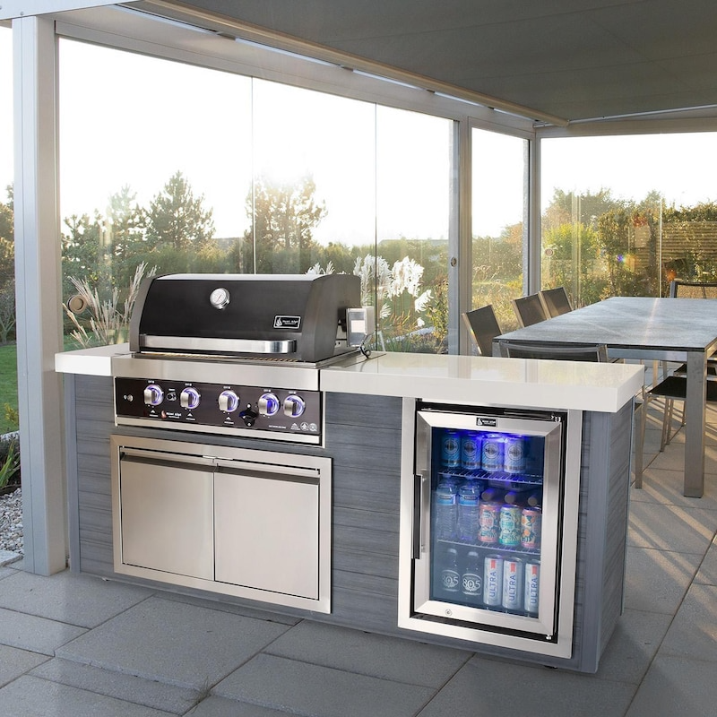 Mont Alpi 4-Burner Black Stainless Steel Art-Wood Propane Gas Island Grill W/ Refrigerator, Infrared Rear Burner & Rotisserie Kit - MA400-AWBSS