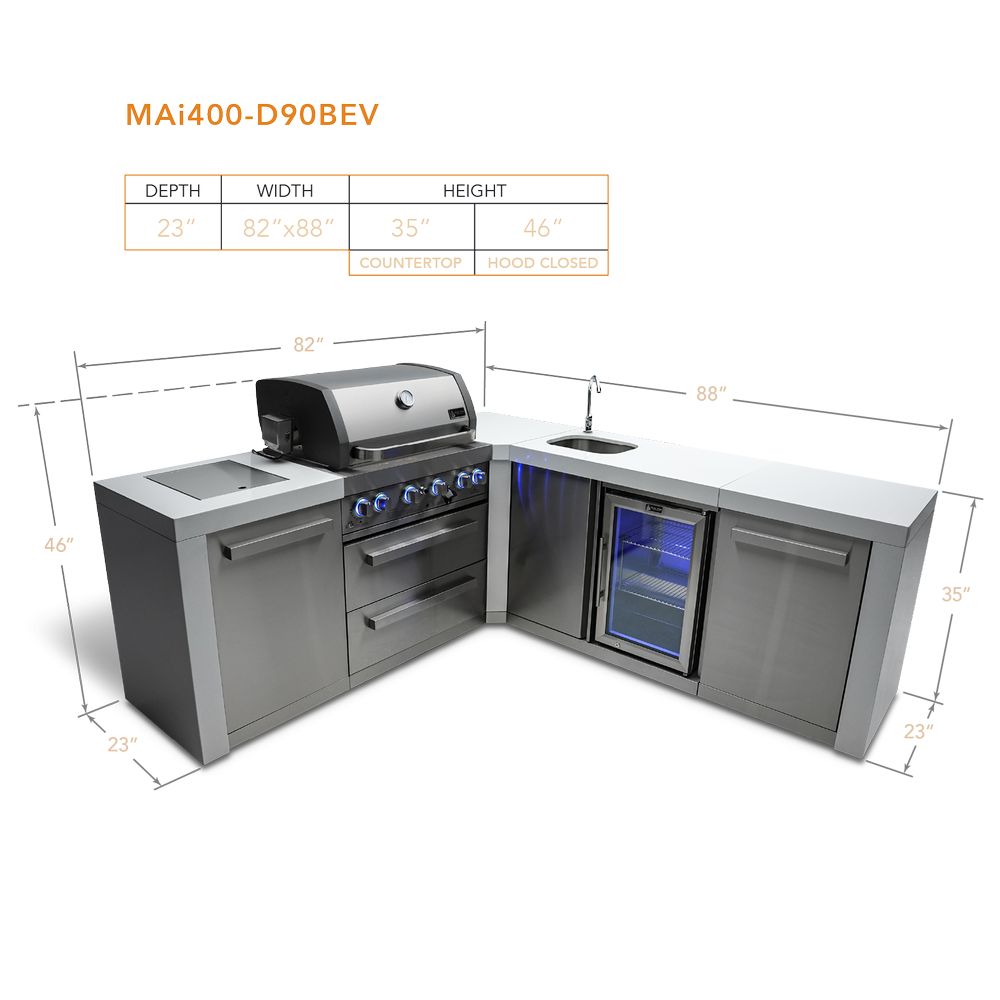 Mont Alpi 400 Deluxe 90 Degree Gas Island Grill W/ Beverage Center, Infrared Side Burner, & Rotisserie Kit