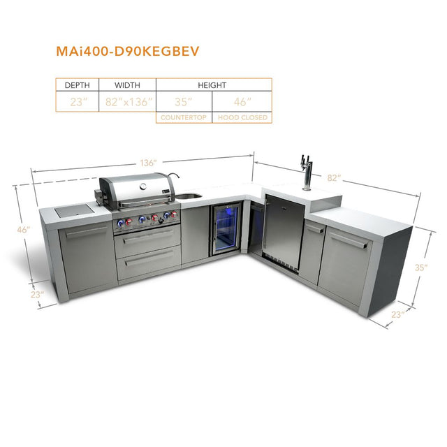 Mont Alpi MAi400-D90KEGBEV Propane 4-Burner Deluxe Island with 90-Degree Corner, Kegerator & Beverage Center