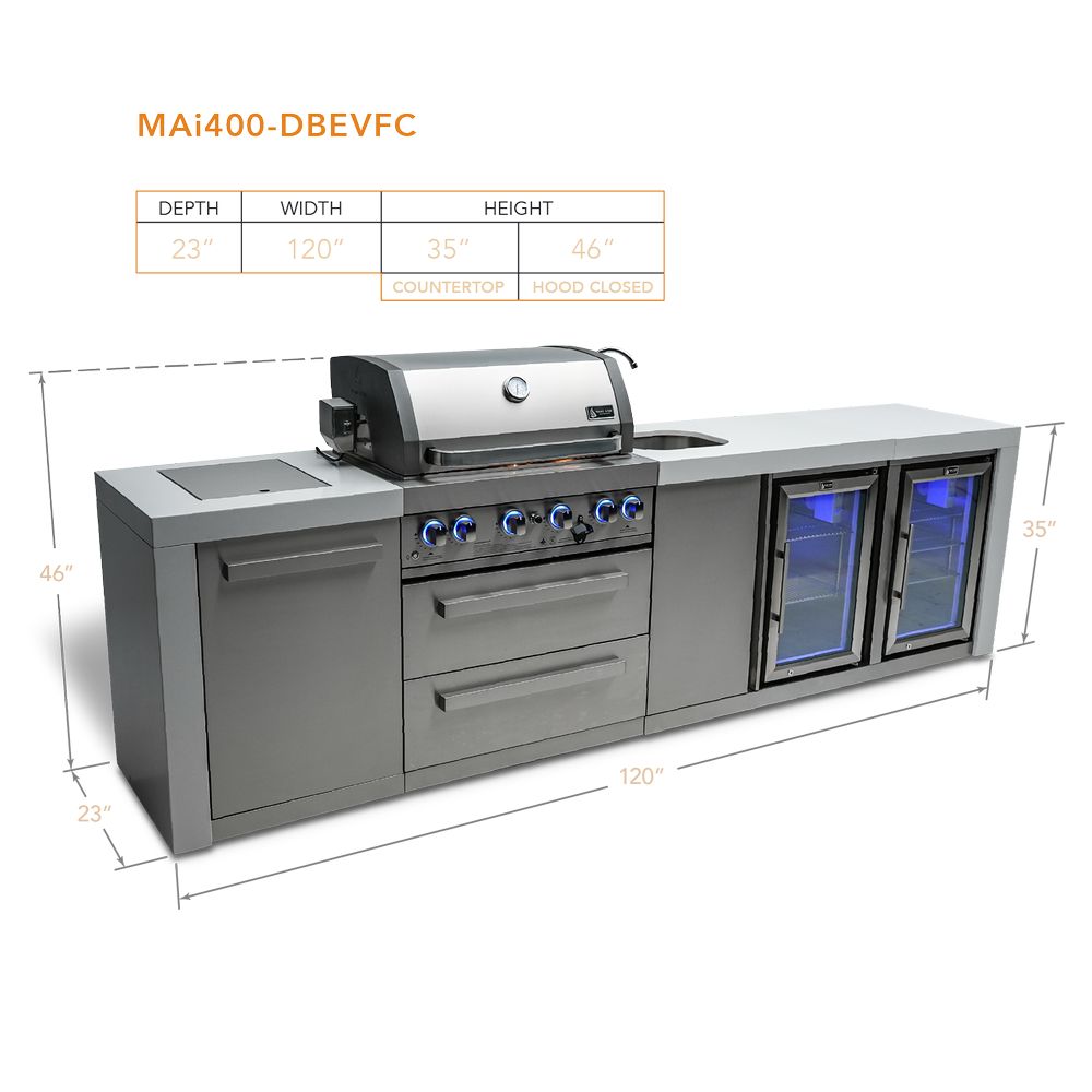 Mont Alpi MAi400-DBEVFC Propane 4-Burner Deluxe Island with Beverage Center & Fridge Cabinet