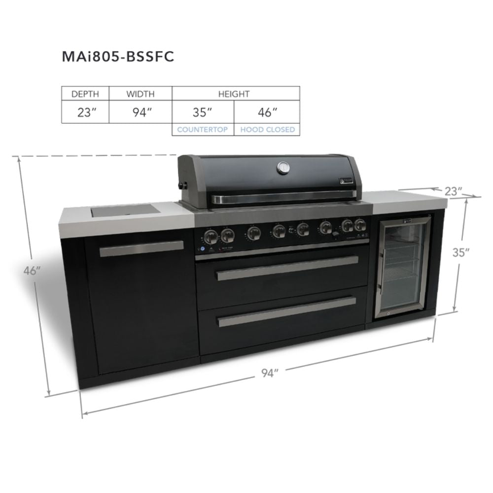 Mont Alpi MAi805-BSSFC Black Stainless Steel Island with 6-Burner Grill & Fridge