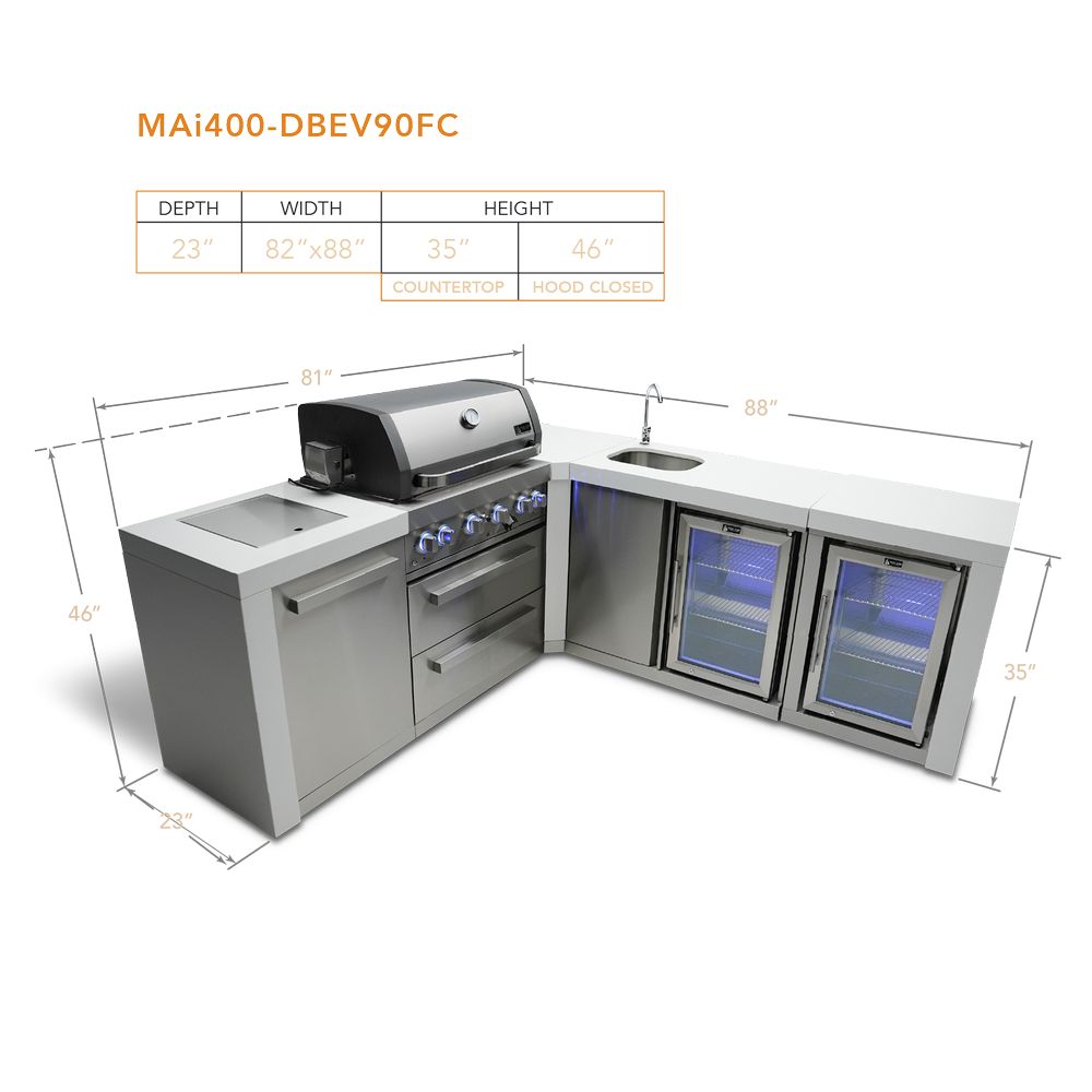 Mont Alpi MAi400-D90BEVFC Propane 4-Burner Deluxe Island with 90-Degree Corner, Beverage Center & Fridge Cabinet