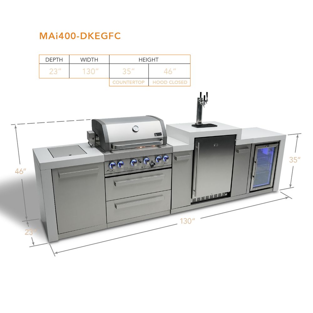 Mont Alpi MAi400-DKEGFC Propane 4-Burner Deluxe Island with Kegerator & Fridge Cabinet