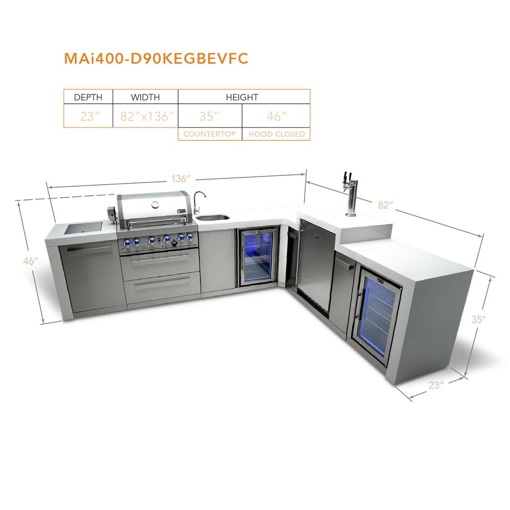 Mont Alpi MAi400-D90KEGBEVFC Propane 4-Burner Deluxe Island with 90-Degree Corner, Kegerator, Beverage Center & Fridge Cabinet