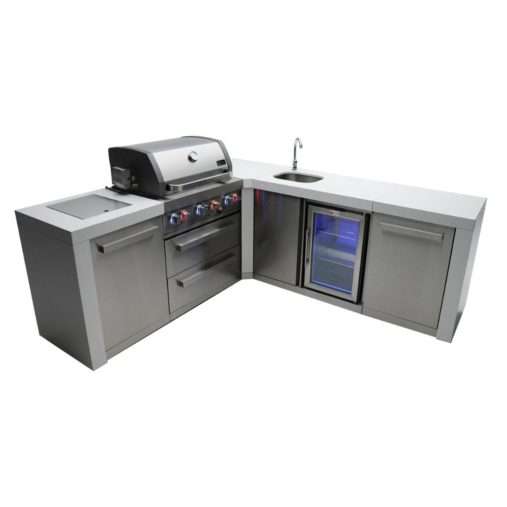 Mont Alpi 400 Deluxe 90 Degree Gas Island Grill W/ Beverage Center, Infrared Side Burner, & Rotisserie Kit