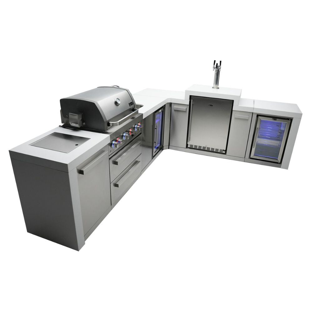 Mont Alpi MAi400-D90KEGBEVFC Propane 4-Burner Deluxe Island with 90-Degree Corner, Kegerator, Beverage Center & Fridge Cabinet