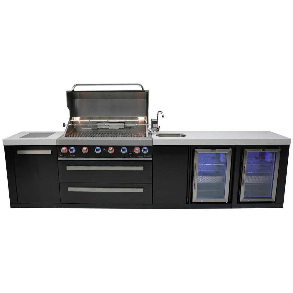 Mont Alpi 805 Deluxe Gas Island Grill W/ Beverage Center, Refrigerator Cabinet, Infrared Side Burner, & Rotisserie Kit - Black Stainless Steel