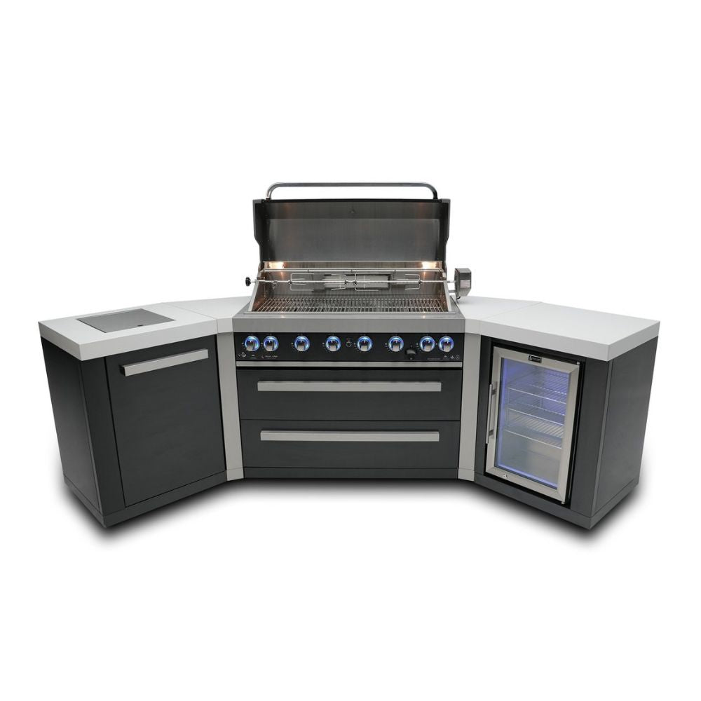 Mont Alpi MAi805-BSS45FC Black, Propane 6-Burner Island with 45-Degree Corners & Fridge Cabinet