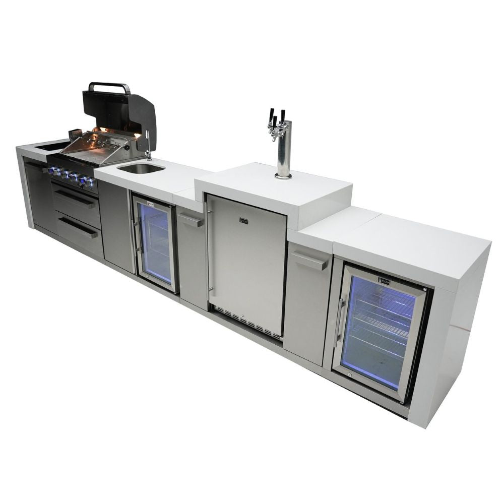 Mont Alpi MAi400-DKEGBEVFC Propane 4-Burner Deluxe Island with Kegerator, Beverage Center & Fridge Cabinet