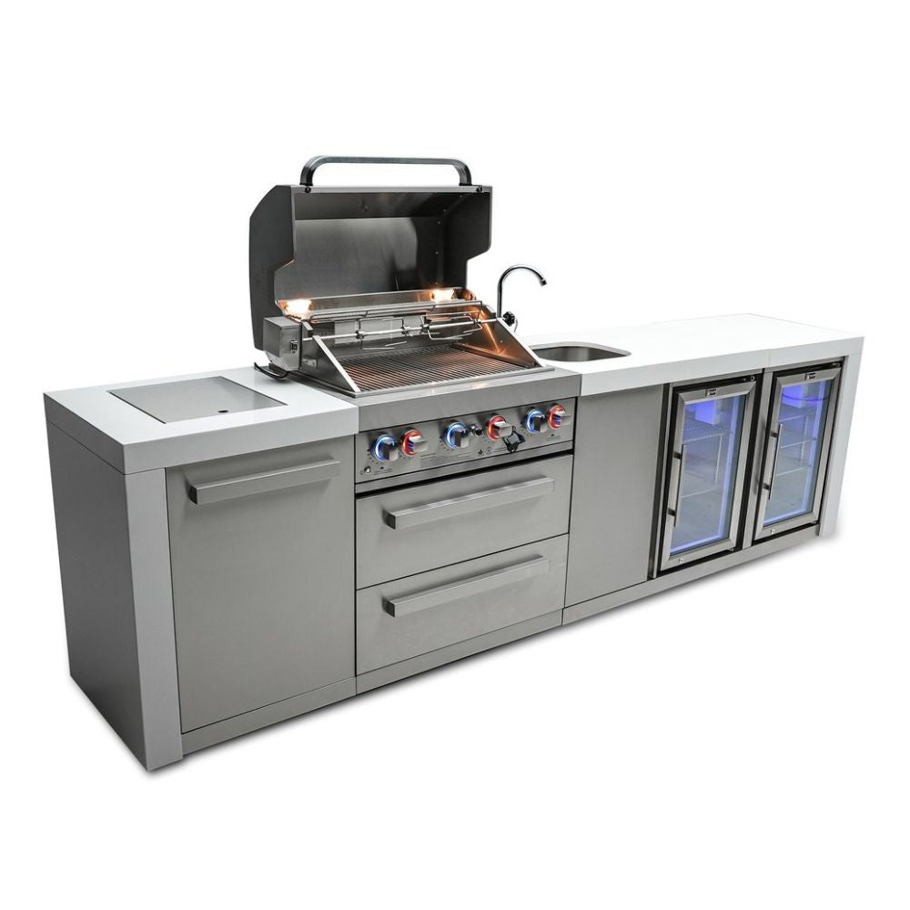 Mont Alpi MAi400-DBEVFC Propane 4-Burner Deluxe Island with Beverage Center & Fridge Cabinet