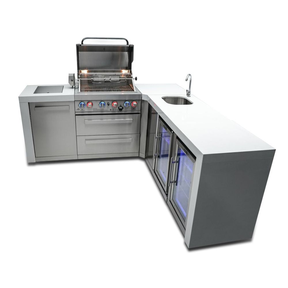 Mont Alpi MAi400-D90BEVFC Propane 4-Burner Deluxe Island with 90-Degree Corner, Beverage Center & Fridge Cabinet