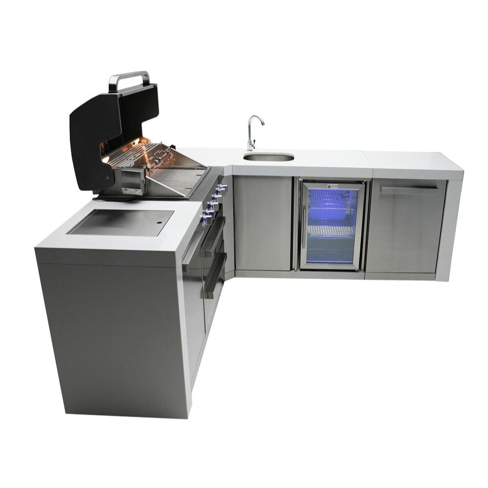 Mont Alpi 400 Deluxe 90 Degree Gas Island Grill W/ Beverage Center, Infrared Side Burner, & Rotisserie Kit