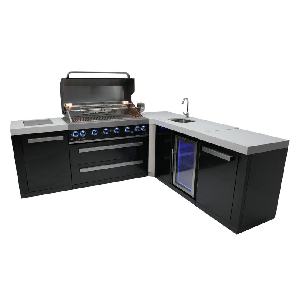 Mont Alpi MAi805-BSS90BEV Black, Propane 6-Burner Island with 90-Degree Corner & Beverage Center