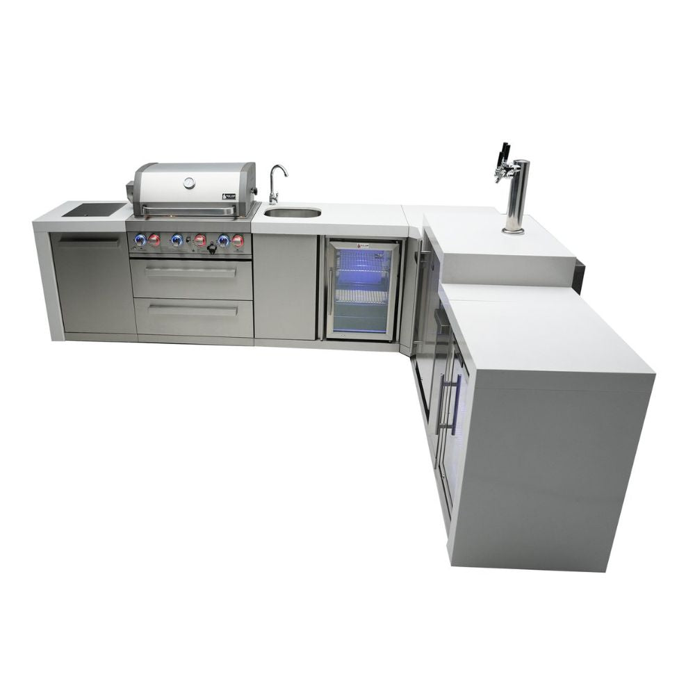 Mont Alpi MAi400-D90KEGBEVFC Propane 4-Burner Deluxe Island with 90-Degree Corner, Kegerator, Beverage Center & Fridge Cabinet