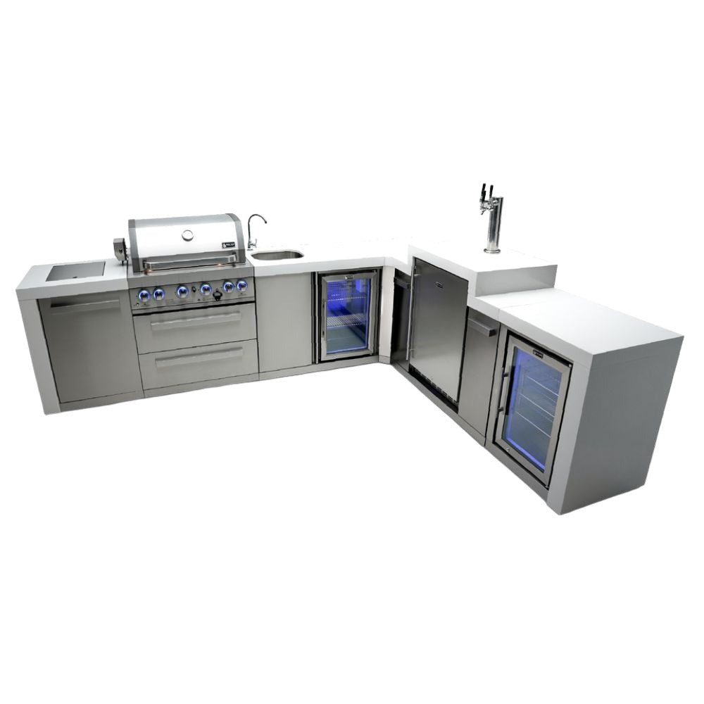 Mont Alpi MAi400-D90KEGBEVFC Propane 4-Burner Deluxe Island with 90-Degree Corner, Kegerator, Beverage Center & Fridge Cabinet