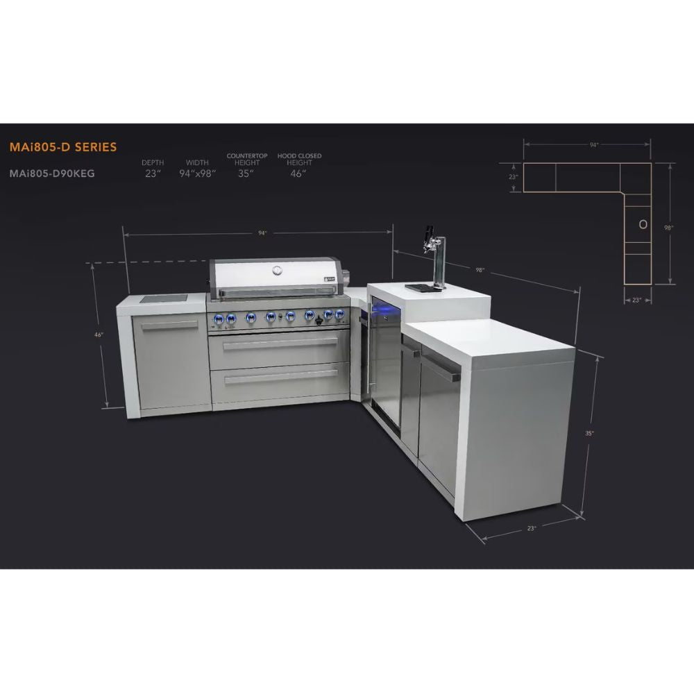 Mont Alpi MAi805-D90KEG 6-Burner Deluxe Outdoor KItchen Island with 90-Degree Corner & Kegerator