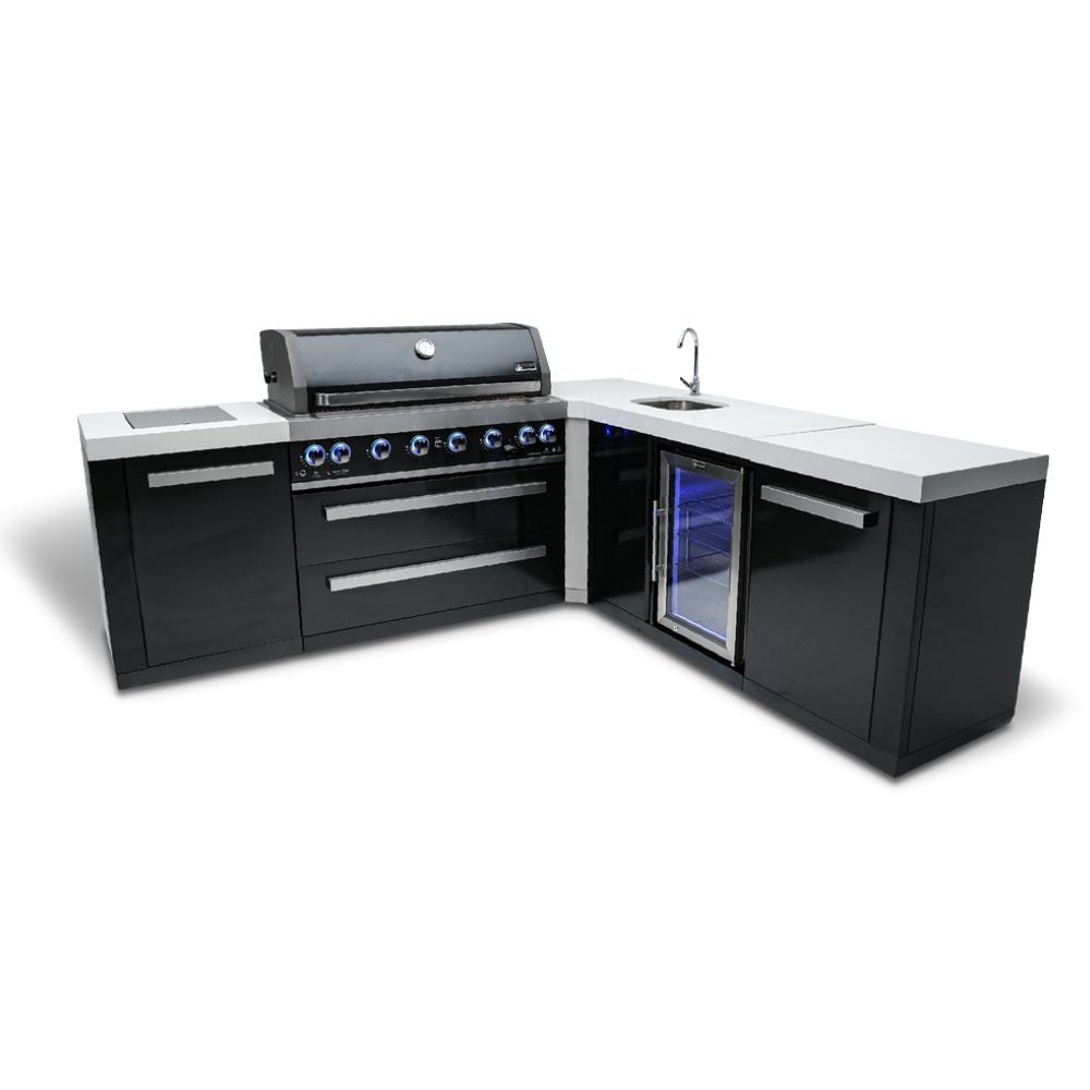Mont Alpi MAi805-BSS90BEV Black, Propane 6-Burner Island with 90-Degree Corner & Beverage Center