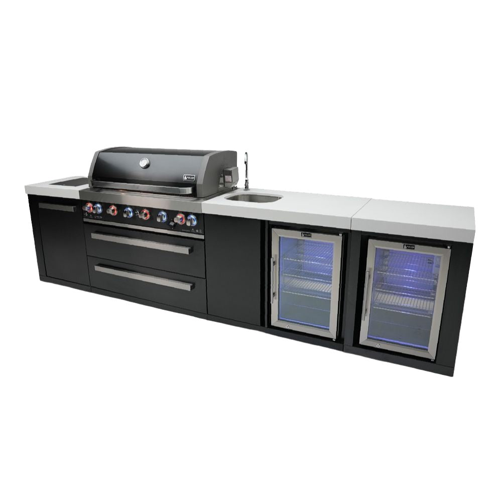 Mont Alpi 805 Deluxe Gas Island Grill W/ Beverage Center, Refrigerator Cabinet, Infrared Side Burner, & Rotisserie Kit - Black Stainless Steel