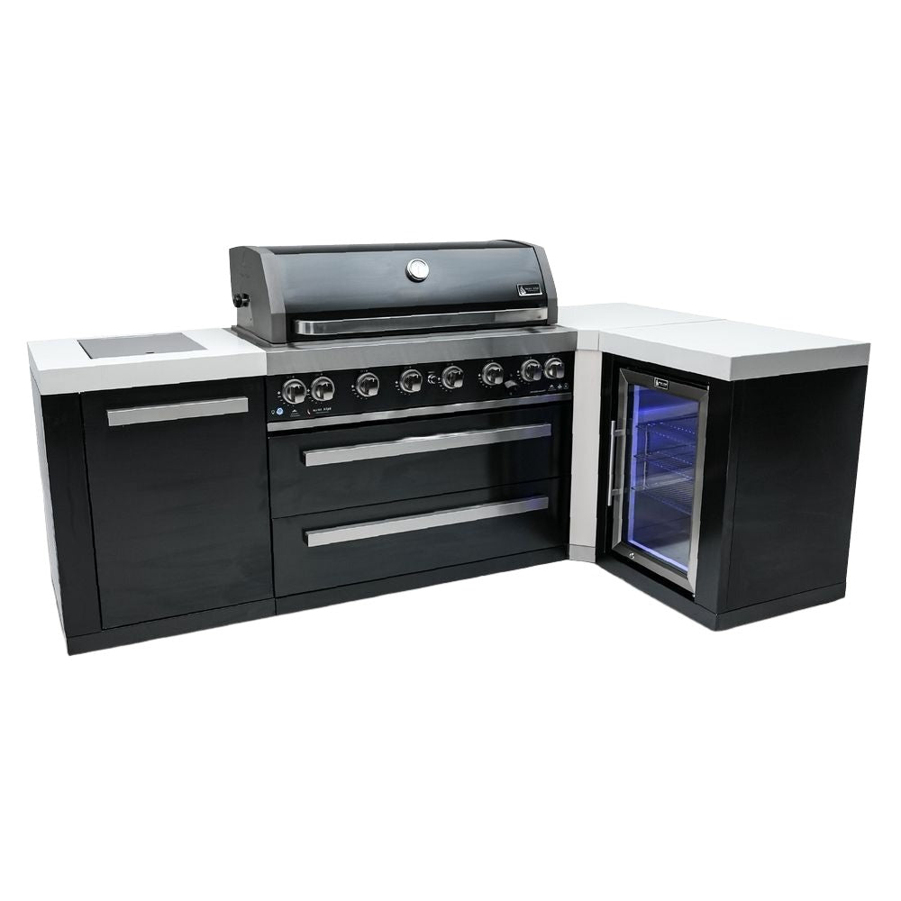 Mont Alpi 805 Deluxe 90 Degree Gas Island Grill W/ Refrigerator Cabinet, Infrared Side Burner, & Rotisserie Kit - Black Stainless Steel
