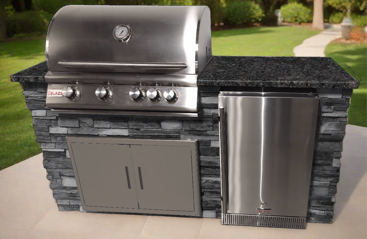 TRU Innovative Outdoor Kitchen 6 Foot Island - With 32 Inch Blaze LTE Grill, Double Doors, Refrigerator, Island & Top