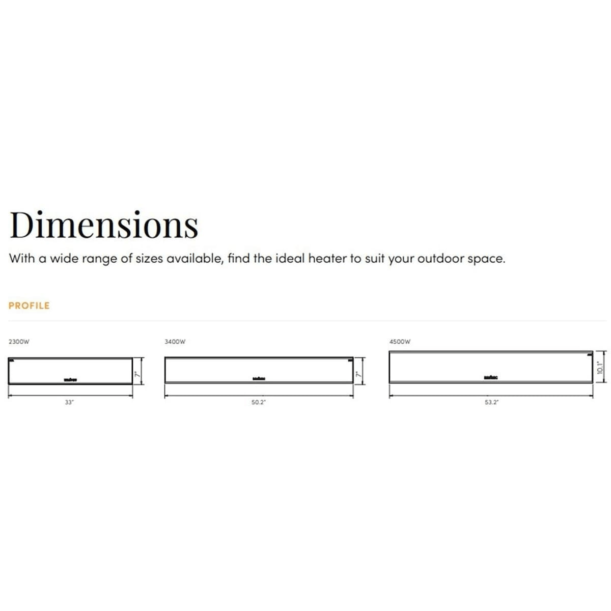 Dimension chart comparing Bromic Platinum Smart-Heat Electric Heaters in 2200W, 3400W, and 4500W sizes for outdoor installation planning.