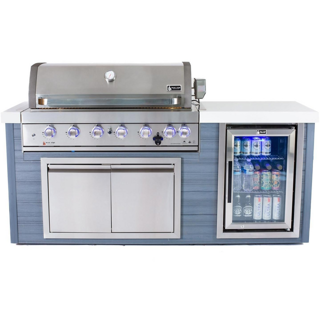 Mont Alpi 6-Burner Gas Grill Stainless Steel Art-Wood Island W/ Refrigerator, Infrared Rear Burner & Rotisserie Kit - MA805-AW