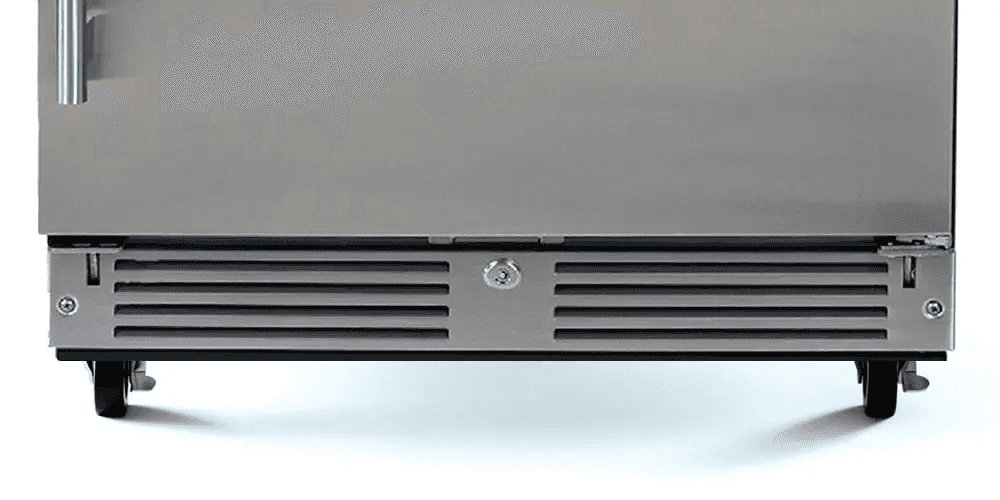 XO 15 Inch Outdoor Undercounter Refrigerator bottom vent and lockable caster wheels, designed for secure and efficient outdoor installation.