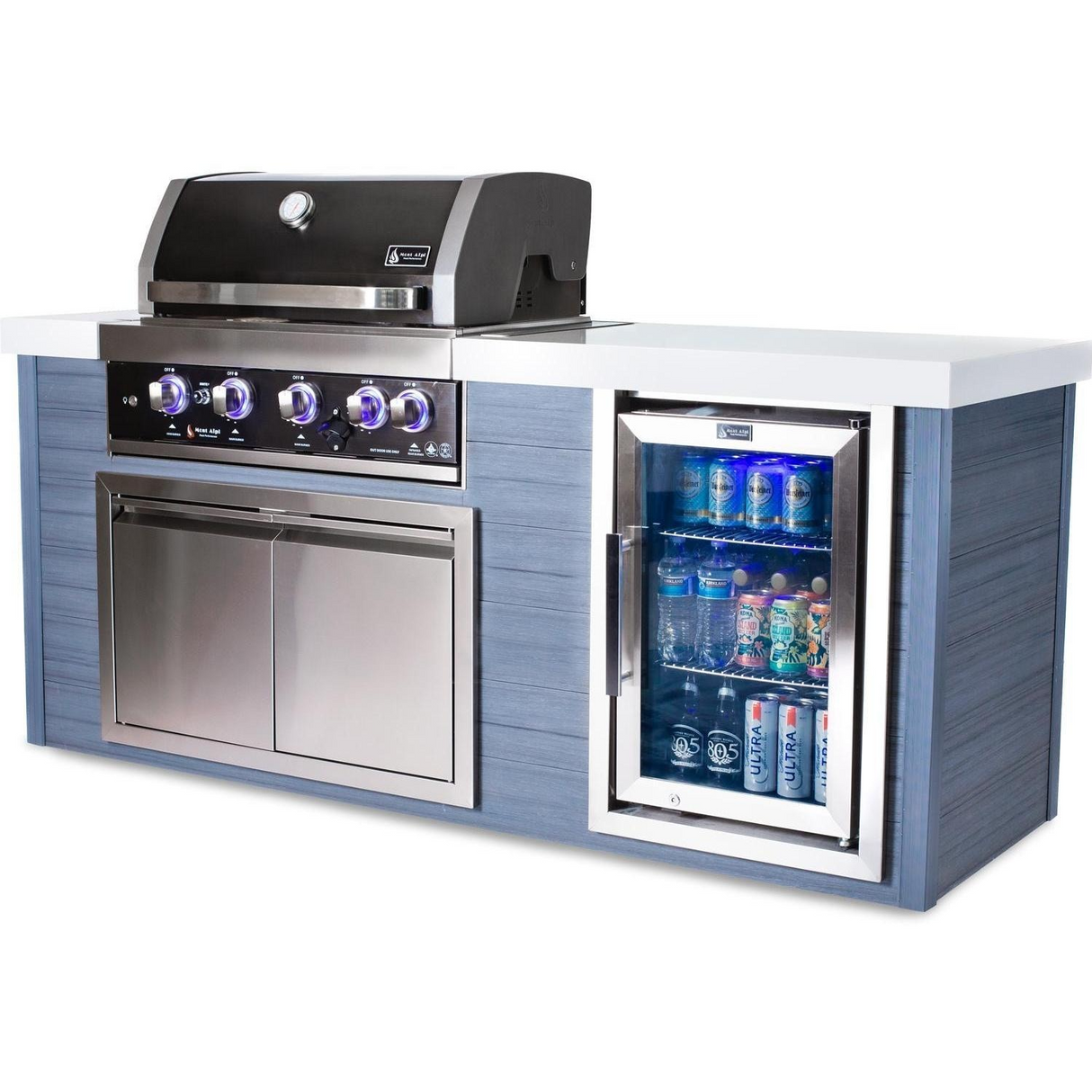 Mont Alpi 4-Burner Black Stainless Steel Art-Wood Propane Gas Island Grill W/ Refrigerator, Infrared Rear Burner & Rotisserie Kit - MA400-AWBSS