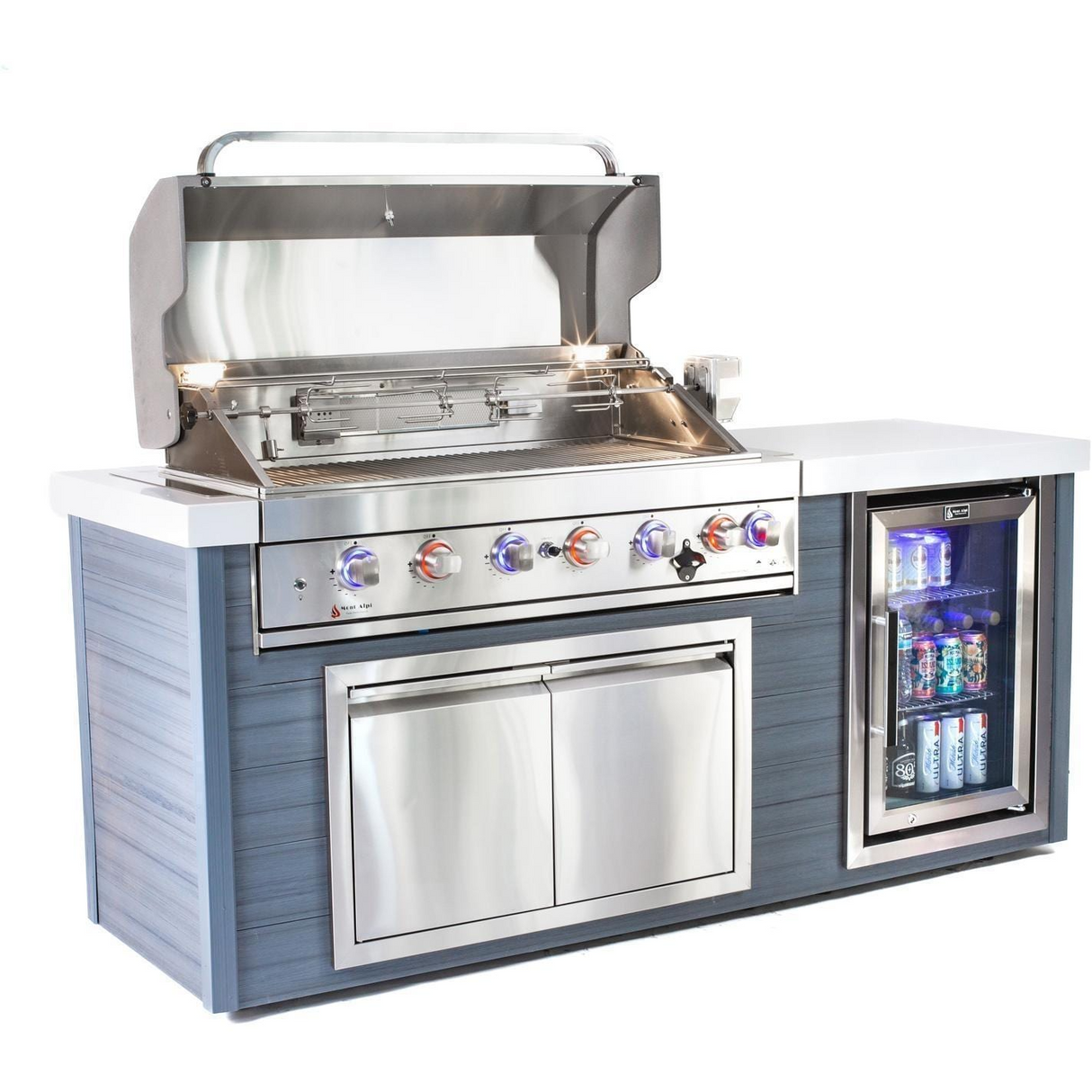 Mont Alpi 6-Burner Gas Grill Stainless Steel Art-Wood Island W/ Refrigerator, Infrared Rear Burner & Rotisserie Kit - MA805-AW