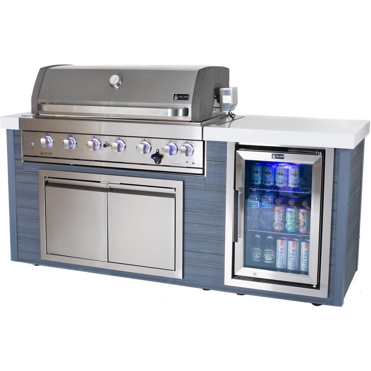 Mont Alpi 6-Burner Gas Grill Stainless Steel Art-Wood Island W/ Refrigerator, Infrared Rear Burner & Rotisserie Kit - MA805-AW