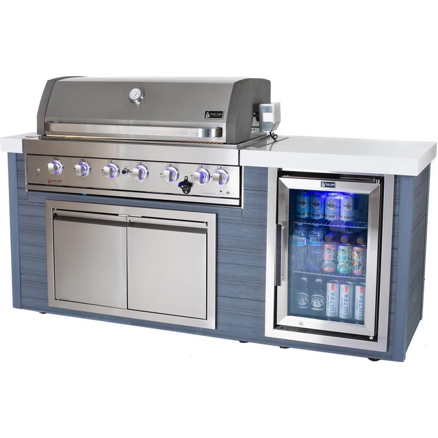 Mont Alpi 6-Burner Gas Grill Stainless Steel Art-Wood Island W/ Refrigerator, Infrared Rear Burner & Rotisserie Kit - MA805-AW