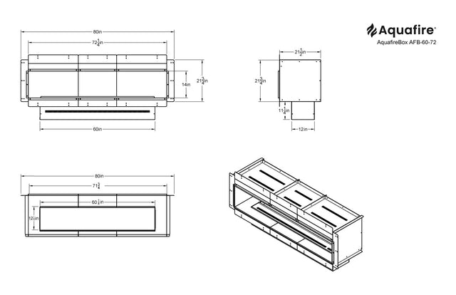 Aquafire Box 72 inch firebox dimensional drawing for 60 inch Aquafire