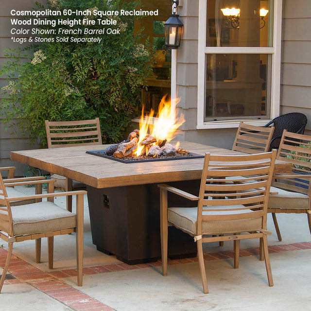 American Fyre Designs 642 Reclaimed Wood Cosmopolitan Square Dining Firetable outdoors, French Barrel Oak top with Black Lava base, flame lit