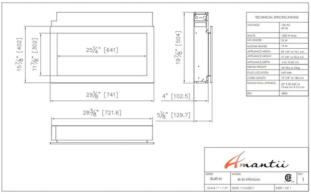 Amantii Panorama XtraSlim 30 specification chart