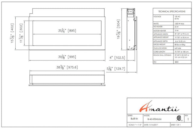 Amantii Panorama XtraSlim 40 specification chart