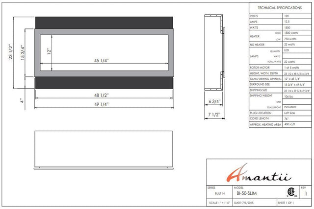 Amantii Panorama Slim 50 specification chart