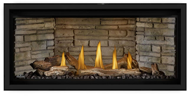 Napoleon Ascent Linear Premium 42 with driftwood logs and Ledgestone panels