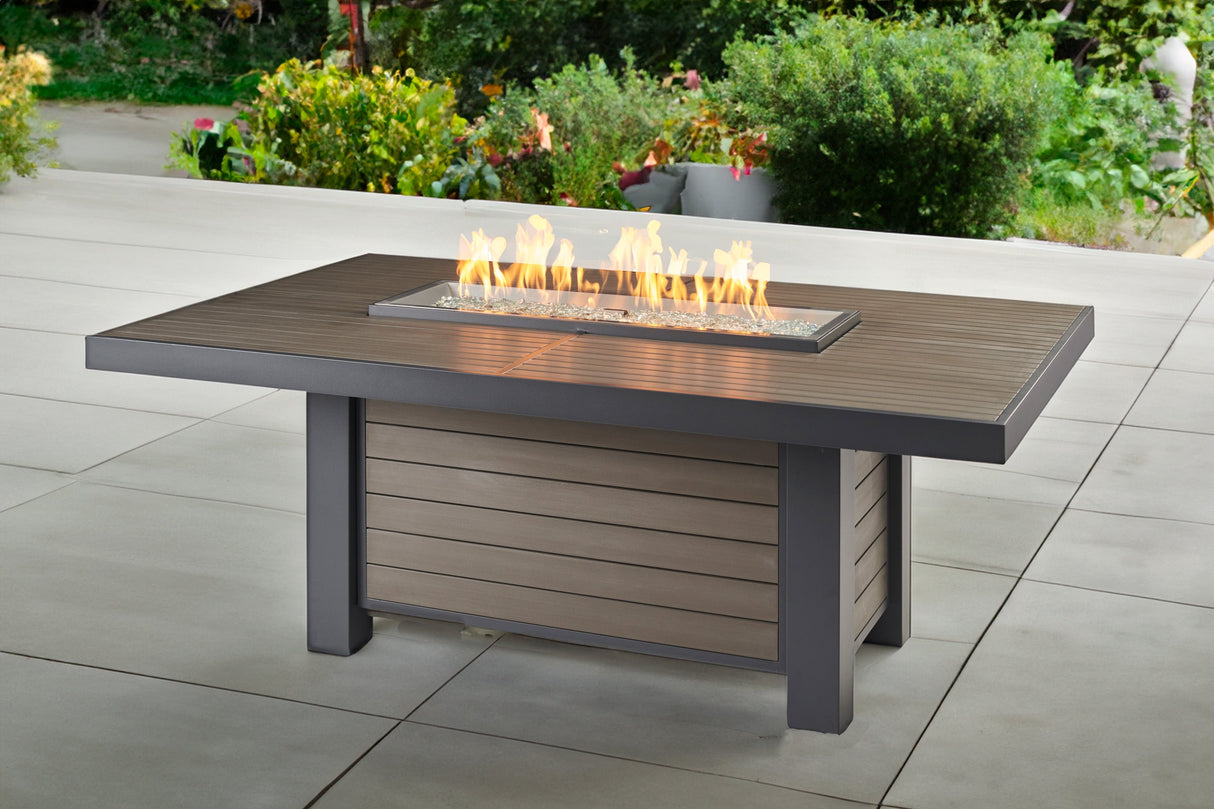 The Outdoor GreatRoom Kenwood and Brooks Linear Dining Height Gas Fire Pit Table